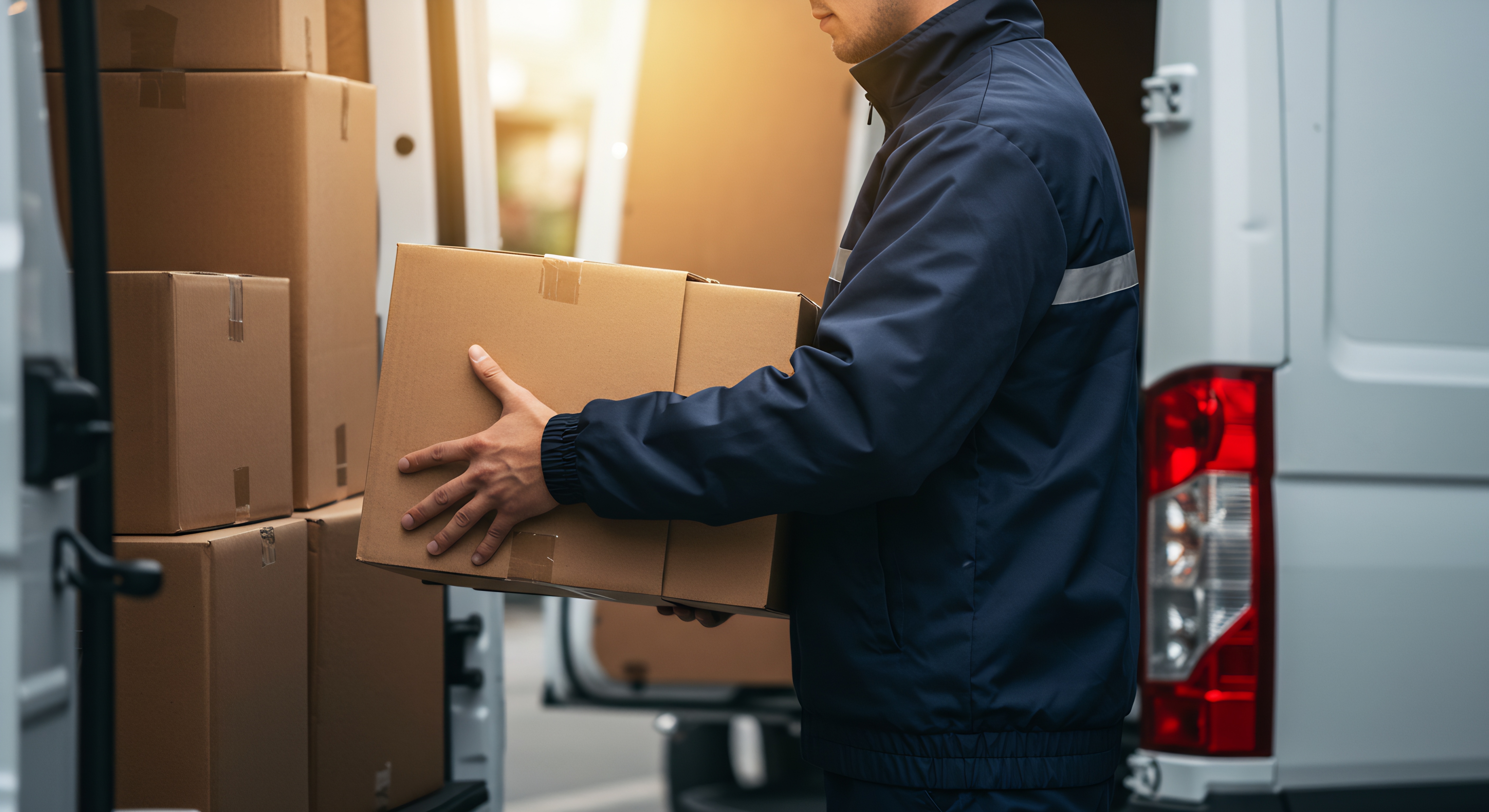 Ein Lieferant in blauer Uniform lädt einen Karton in einen weißen Transporter, der bereits mit weiteren Kartons gefüllt ist, während im Hintergrund die Sonne scheint.
