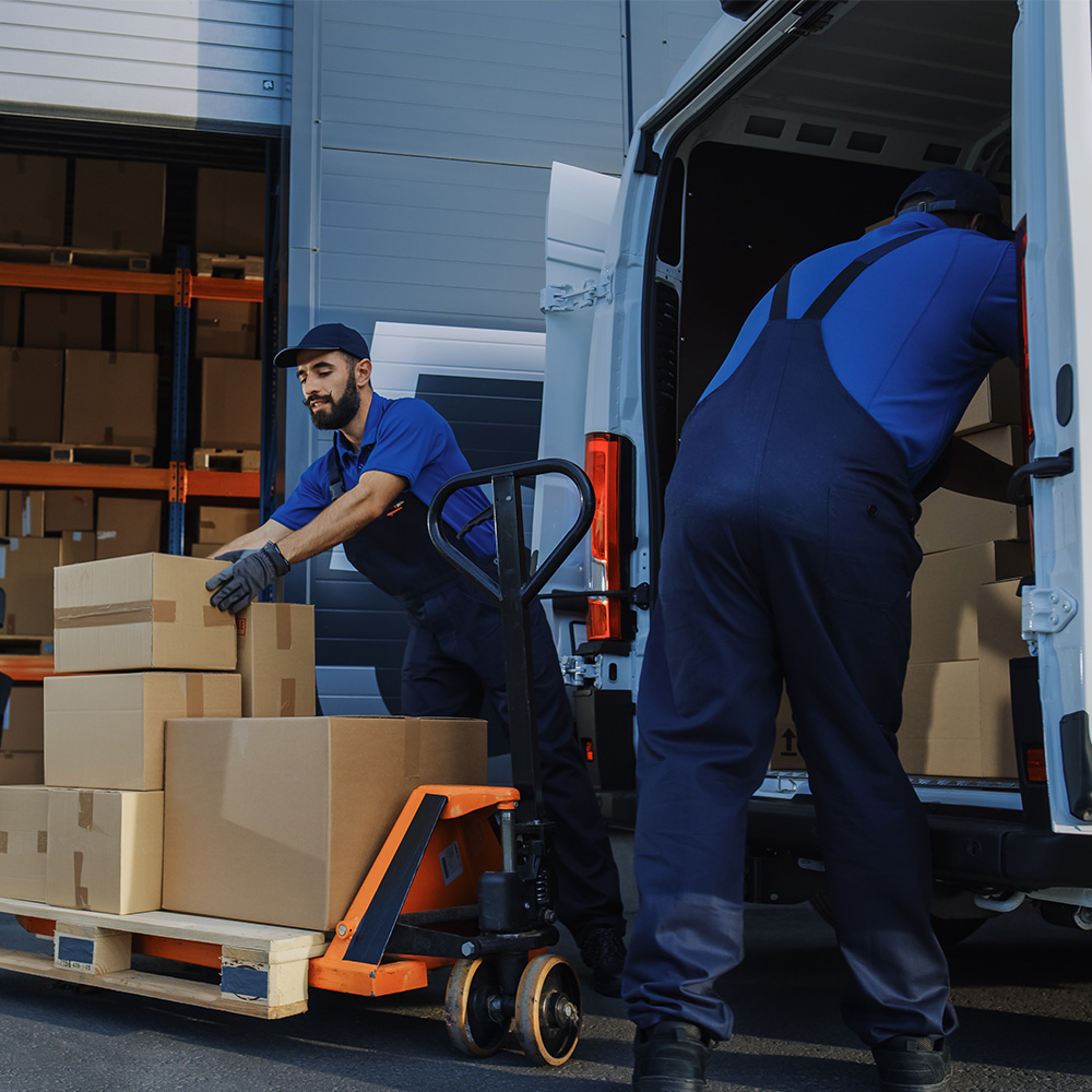 Zwei Männer in blauer Arbeitskleidung verladen Kartons von einem Hubwagen in einen Lieferwagen