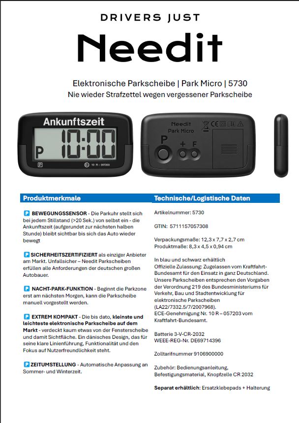Needit Park Micro Schwarz – elektronische Parkscheibe mit Bewegungssensor, Nacht-Park-Funktion und KBA-Zulassung