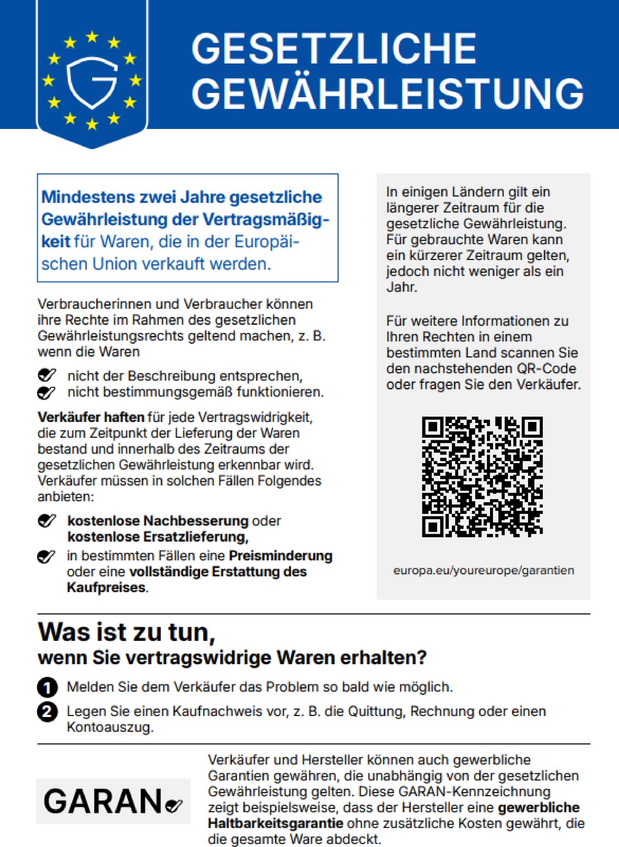 Gesetzliche Gewährleistung – Mindestens zwei Jahre